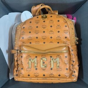 MCM Visetos Studded Medium Stark M Logo Collection Backpack Cognac